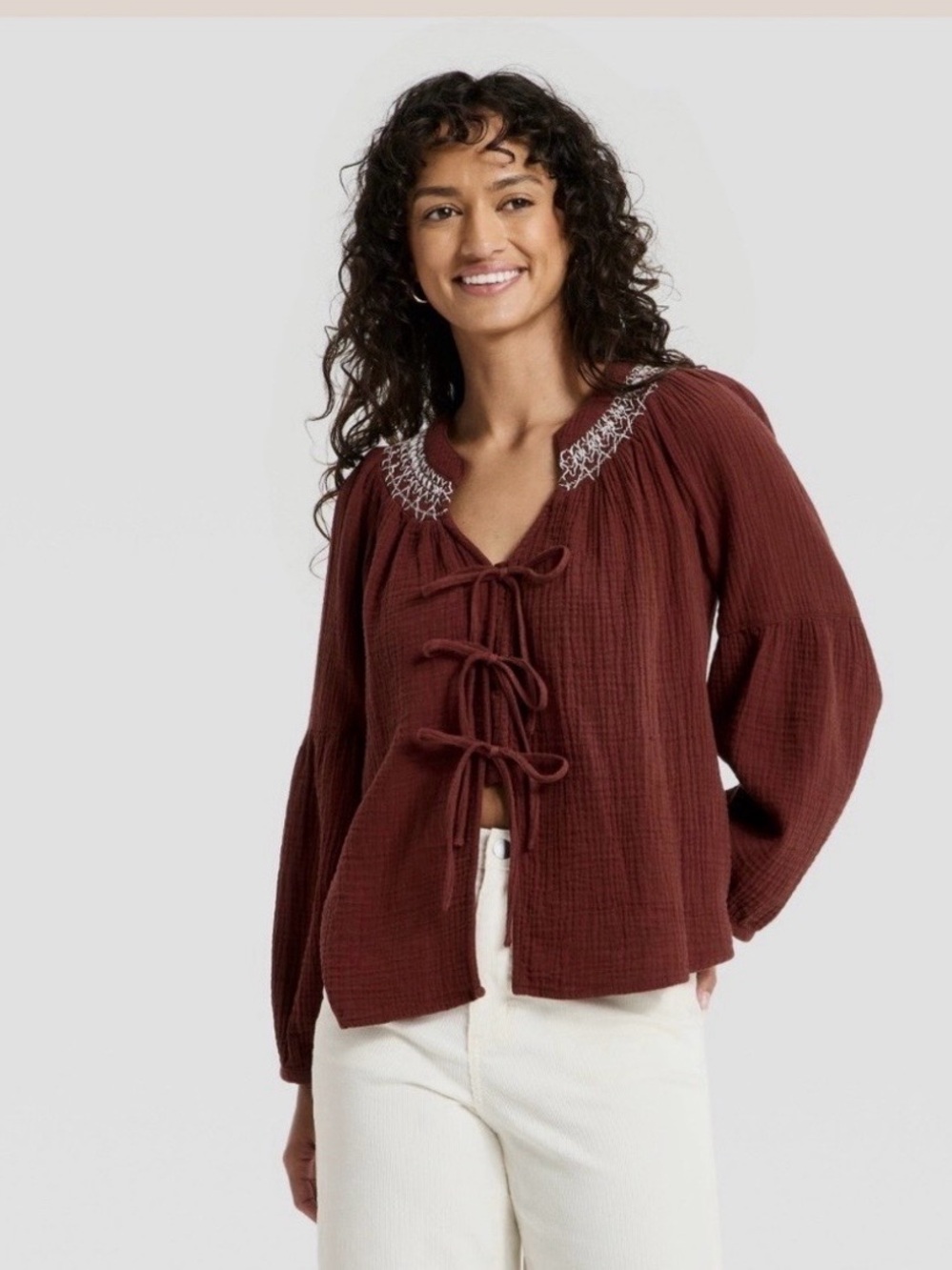 NWT Universal Thread bohemian/peasent Long Sleeve Tie-Front Blouse XL